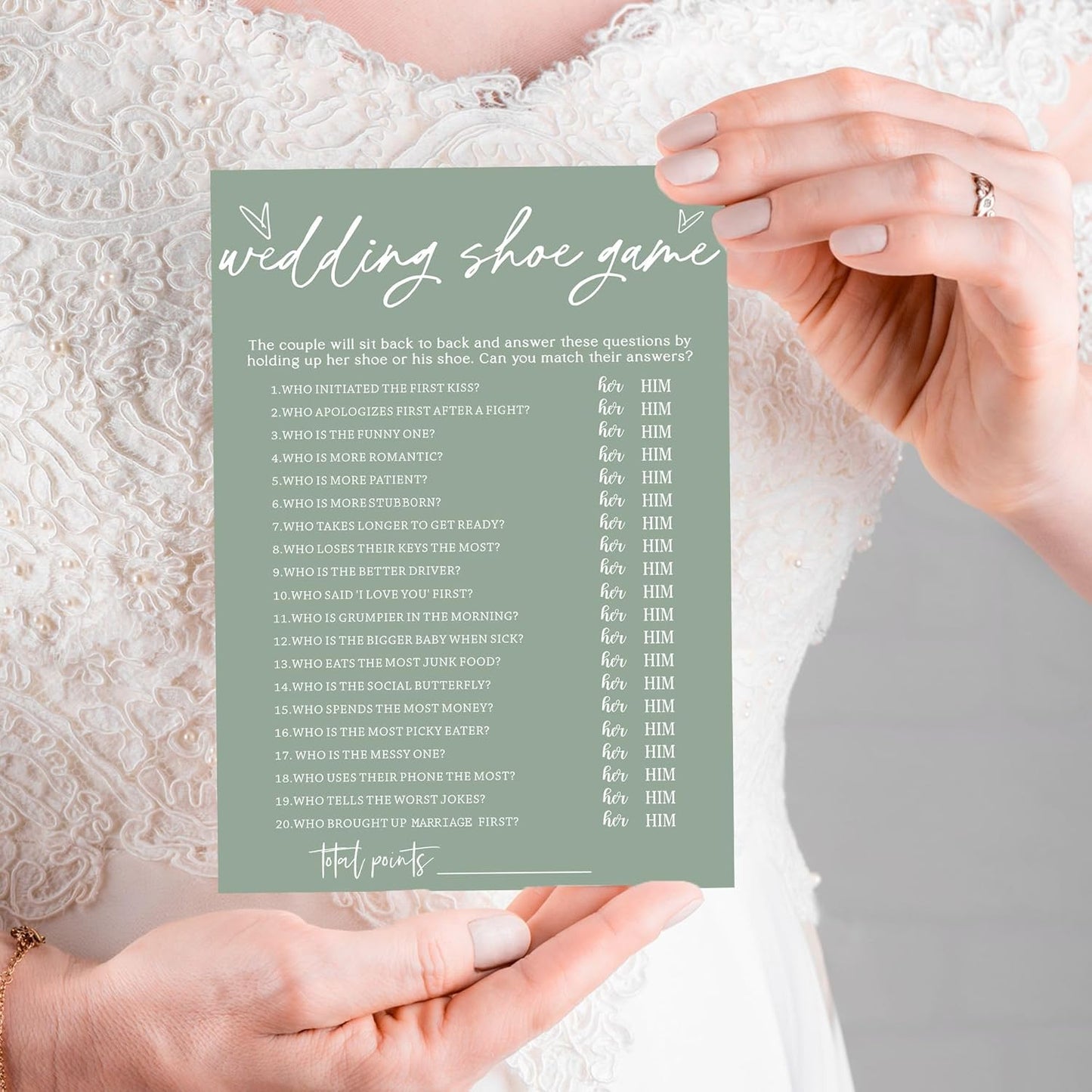 Bridal Shower Games Cards, Wedding Shoe Game, Bridal Shower Games 25 Guests, Engagement Party Wedding Games for Guests, Minimalist Green Wedding Party Supplies - C04