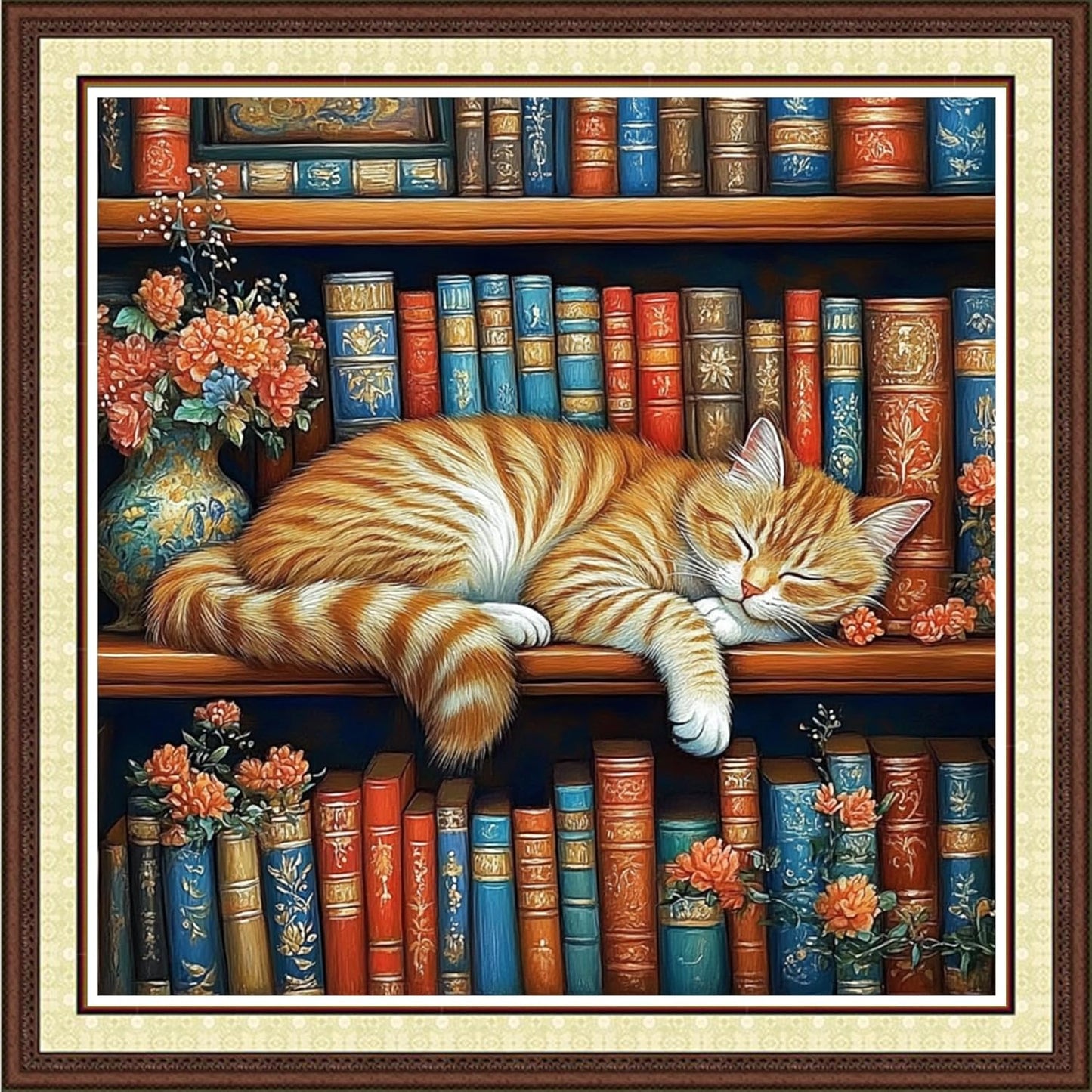 Findvoor Counted Cross Stitch Kits for Adults Full Range of Cross Stitching Embroidery Unprinted Pattern for Beginners, 11CT Needlepoint Kit Patterns Embroidery Kits-Cat Sleeping Bookshelf 18x18 inch