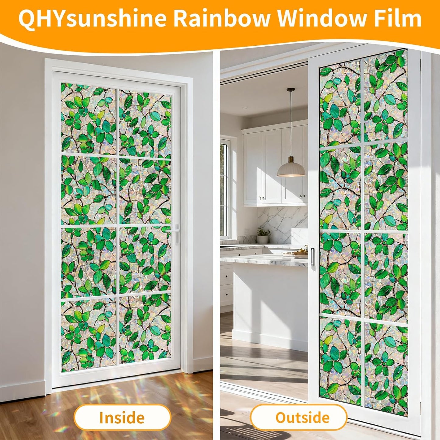 Window Privacy Film Stain Glass Window Film Rainbow Window Film Window clings Non-Adhesive Reusable Decorative for Room (Green Rainbow, 45.2 X 78.7 in)
