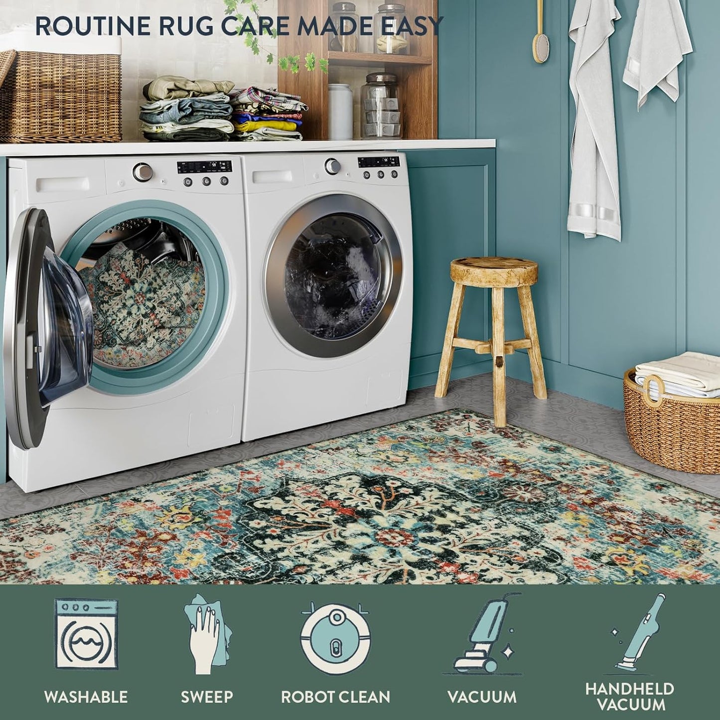 Lahome Area Rugs 9x12 Living Room Boho Washable Rugs 9x12,Large Boho Rugs for Bedroom Dining Room,Floral Soft Non-Slip Printed Low Pile Throw Indoor Floor Carpet for Nursery Kids Playroom(9x12ft,Teal)