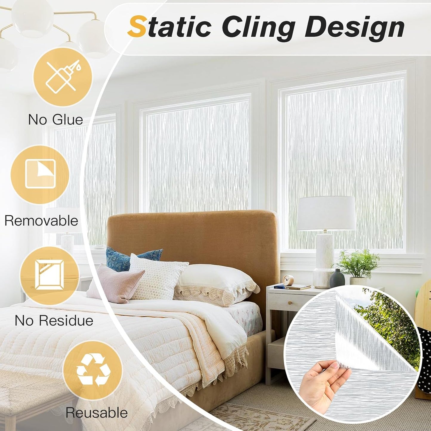 Haton Window Privacy Film, Frosted Glass Privacy Window Clings, Sun Blocking Frosting Opaque Coverings, Static Cling Removable Decorative Stickers for Home Door, Non-Adhesive 35.4" x 118.1"