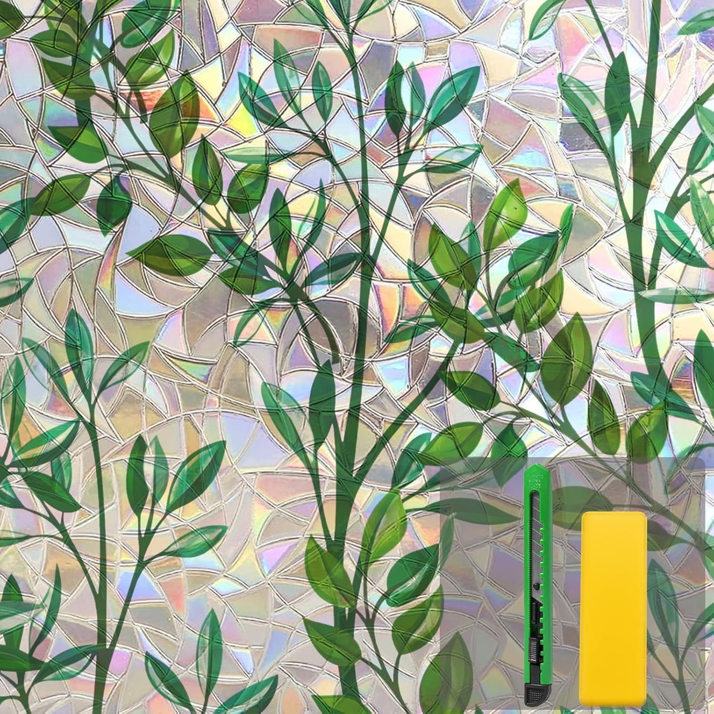 Niviy Window Privacy Film Stained Glass Window Film with Installation Tools, Rainbow Windows Decorative Decals Non-Adhesive Reusable for Home, Bathroom, Glass Door (Leaf Rainbow, 35.4 x 118 in)