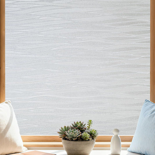 Finnez Frosted Privacy Window Film Static Cling, Non-Adhesive Decorative Cover for Glass Door & Windows, No Glue Removable Clings UV Blocking Waves Design for Home Office 45.2 x 78.7 Inches