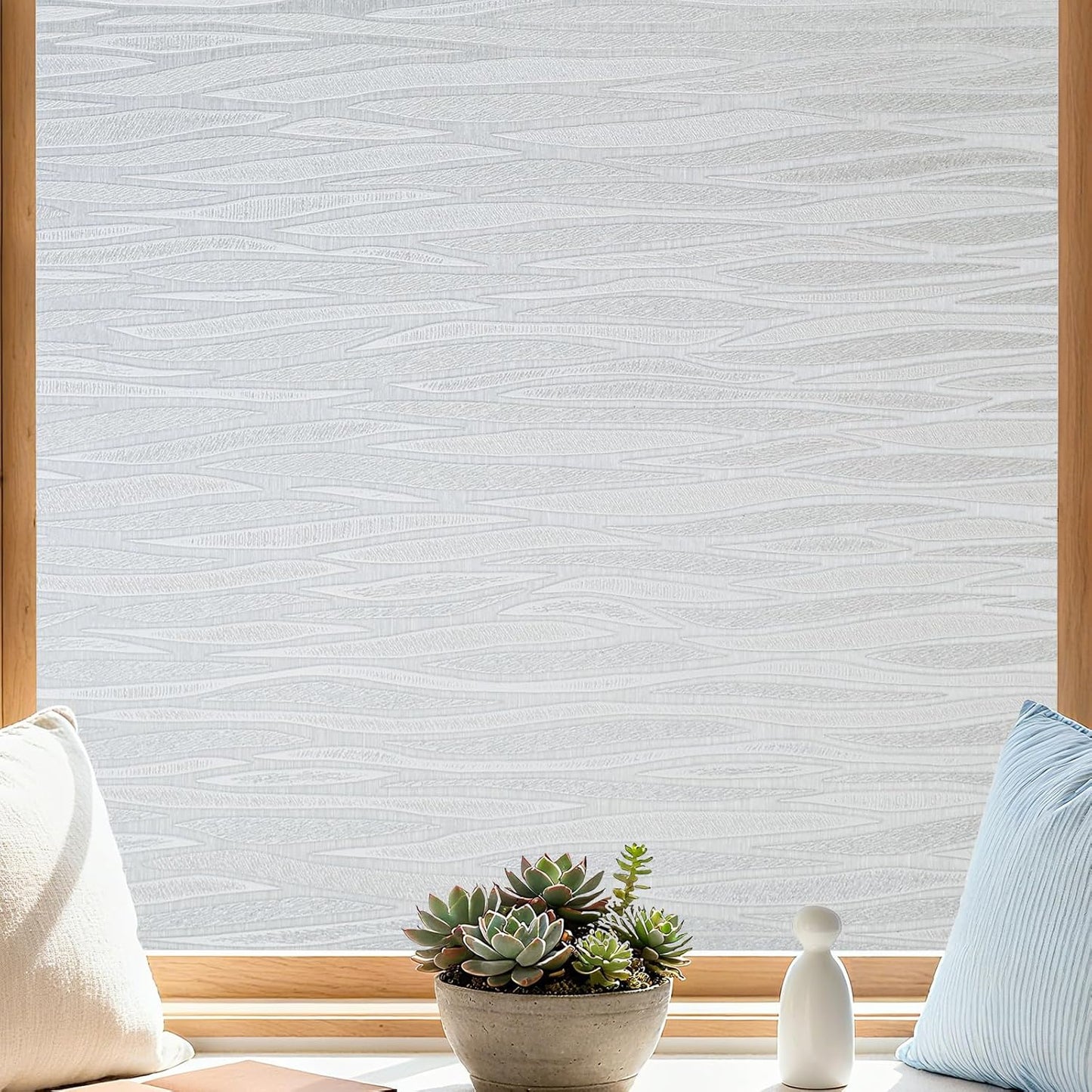 Finnez Frosted Privacy Window Film Static Cling, Non-Adhesive Decorative Cover for Glass Door & Windows, No Glue Removable Clings UV Blocking Waves Design for Home Office 45.2 x 157.4 Inches