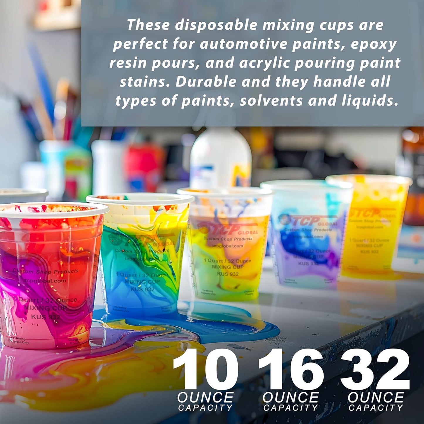 TCP Global Complete Paint Mixing Kit - 12 Cups with Lids, Mixing Sticks, Paddles, Strainers - Epoxy Resin Measuring Cups, Plastic Paint Cup Containers for Automotive & Art Projects