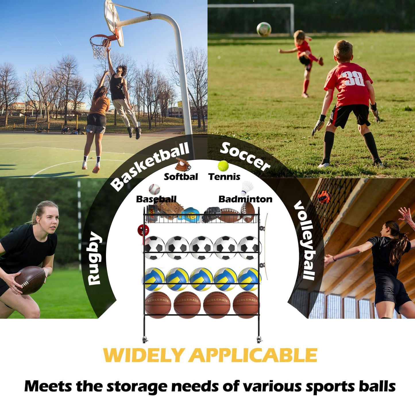 Ball Storage - 22.83" Basketball Cart With Wheels Garage Volleyball Storage Sport Equipment Holder Organizer For Indoor Outdoor,Metal Storage Rack For Playgroup,Gym And School