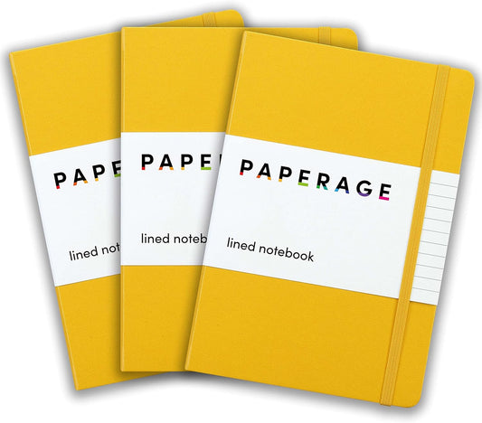 PAPERAGE Lined Journal Notebook, 3 Pack, (Yellow), 160 Pages, Medium 5.6 in x 8 in - 100 GSM Thick Paper – Hardcover Journaling Notebook for Work, School & Note Taking