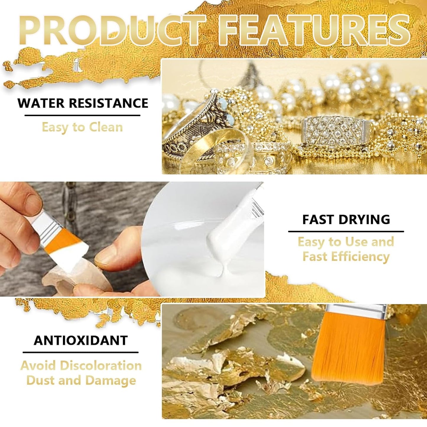 Gilding Adhesive Set Gold Leaf Sheets for Art 100ml Water Based Metal Leaf Glue and 100ml Varnish, Gold Foil Sheets for Crafts 100 pcs, 2 Brushes and 1 Sheet Tweezers