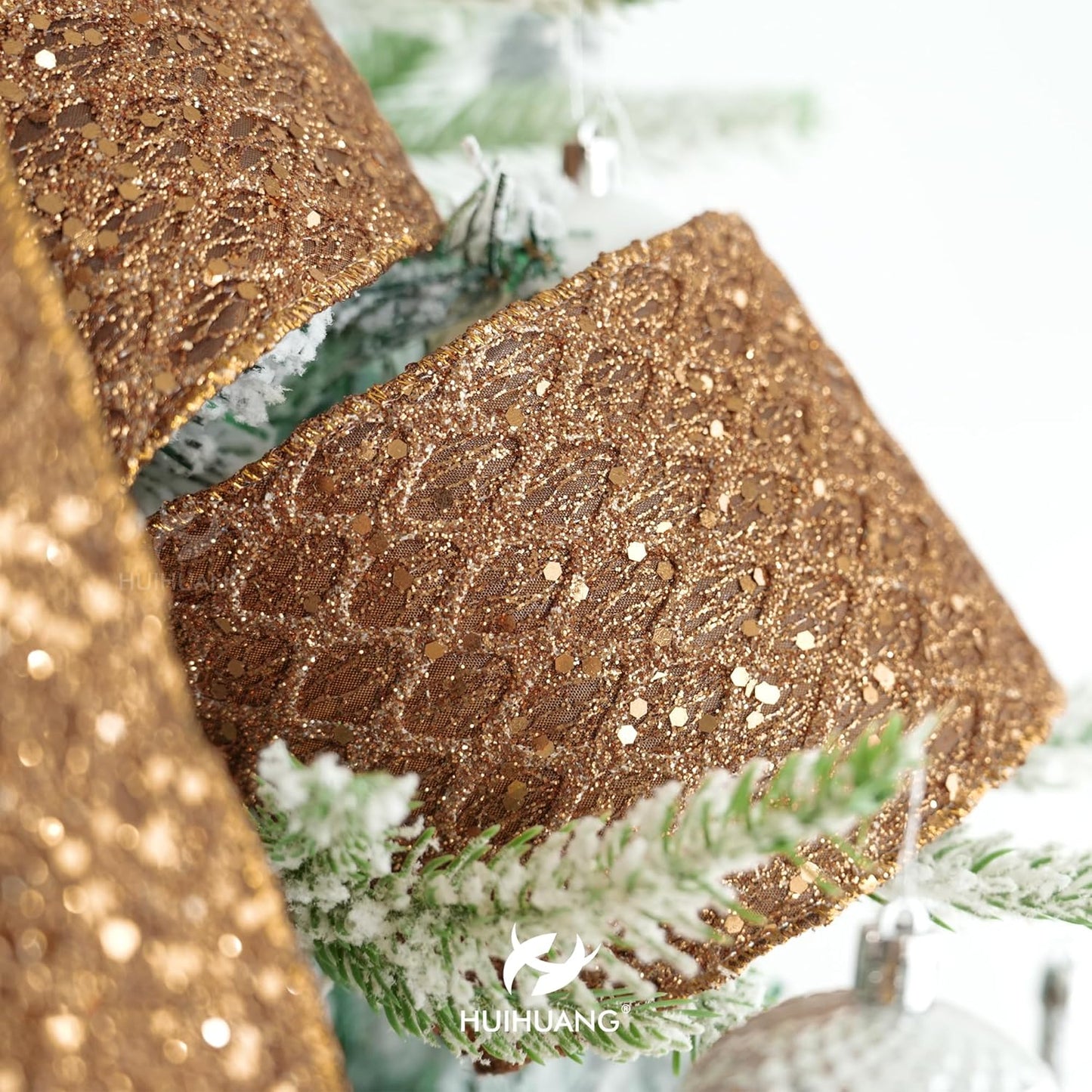 HUIHUANG Copper Wired Ribbon 4 inch Glitter Christmas Wired Ribbon Diamond Mesh Wire Ribbon for X-mas Tree Decorations, Wreaths, Garland, Large Bows Making, Thanksgiving Fall Decor -10 Yards