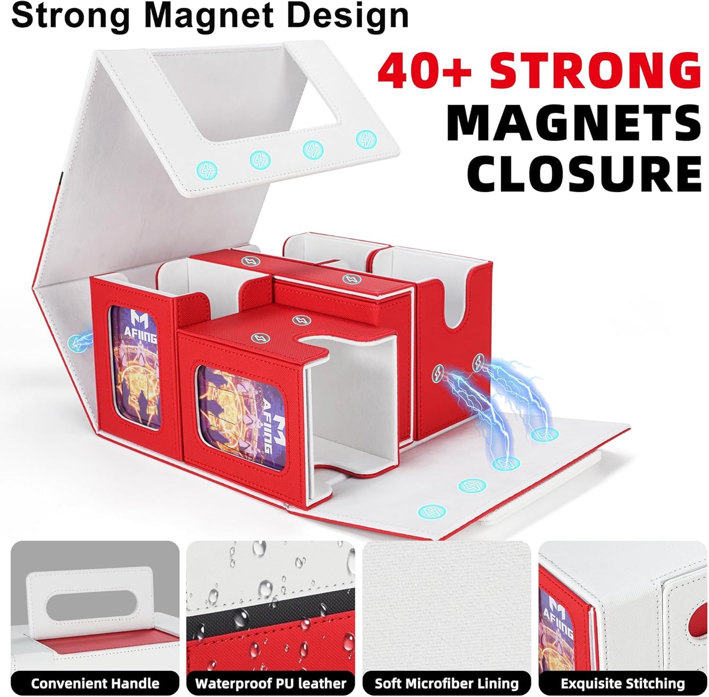 AFIING Commander Deck Box for MTG/EDH, Fits 400+ Double-Sleeved Cards, with Display Window, 4 Removable Deck Cases, Dividers, Dice Tray & Handle, Card Holders for TCG (White Red)