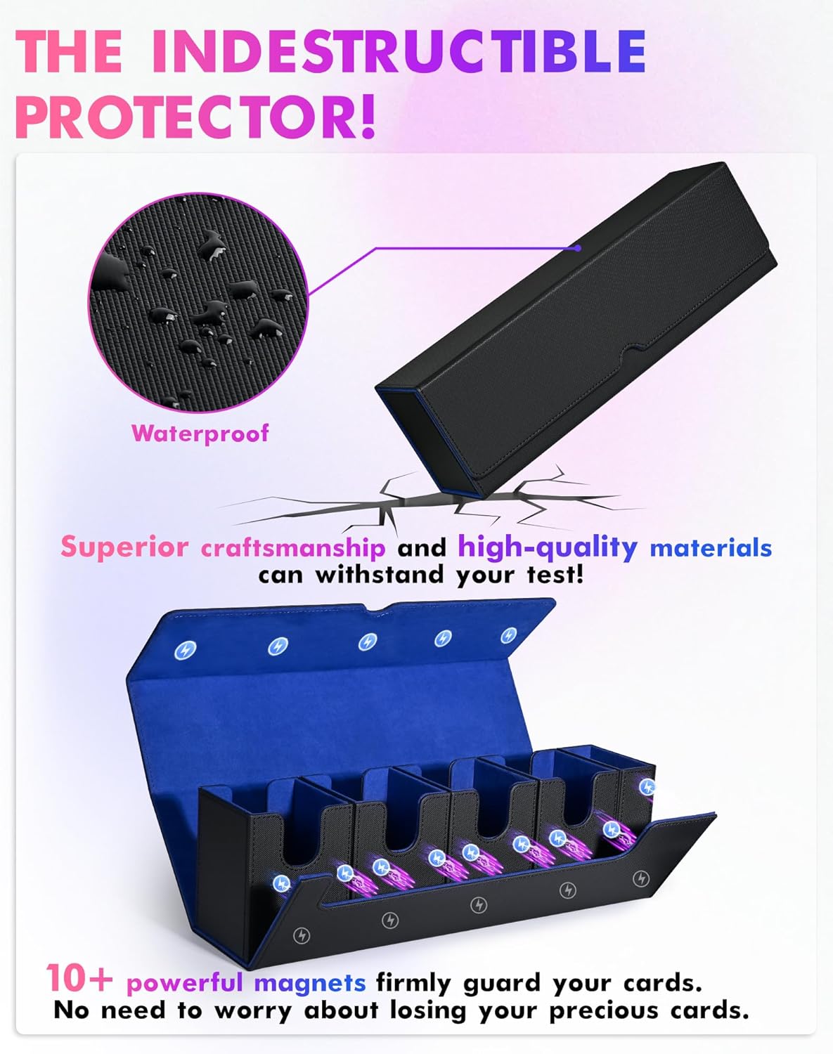 Card Deck Box with Dice Tray for MTG, 5 in 1 Card Deck Case Holds 800+ Unsleeved Cards, Strong Magnet Organizer Compatible with Yugioh TCG Sports Cards (Black Blue)