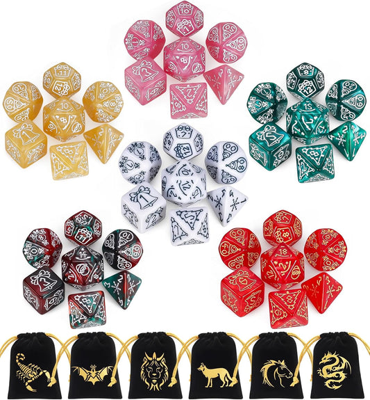CiaraQ Polyhedral Dice Set, 6 Colors with 6 Decorative Pouches, 7 Pieces per Set, Fantasy RPG Gaming Dice/DND Dice/Role Playing Dice, Christmas Themed