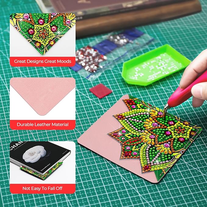 8 PCs Diamond Art Corner Bookmarks Leather Dimond Painting Book Mark Kit for Adults Paint by Dots Bookmarkers Craft DIY Gem Small Dotz Gifts for Women Mandala Flower Pink Lotus