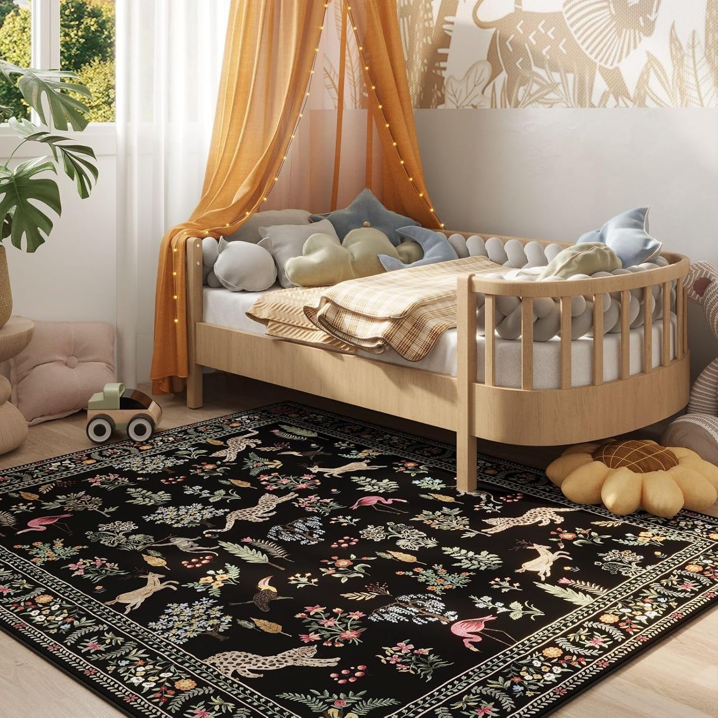 Rugcomf Living Room Rug 6x9 Rug Machine Washable Boho Area Rug Non Slip Floral Animal Vintage Low Pile Large Rug for Living Room, Bedroom, Farmhouse, Dining Room, Kids Playroom (Black)