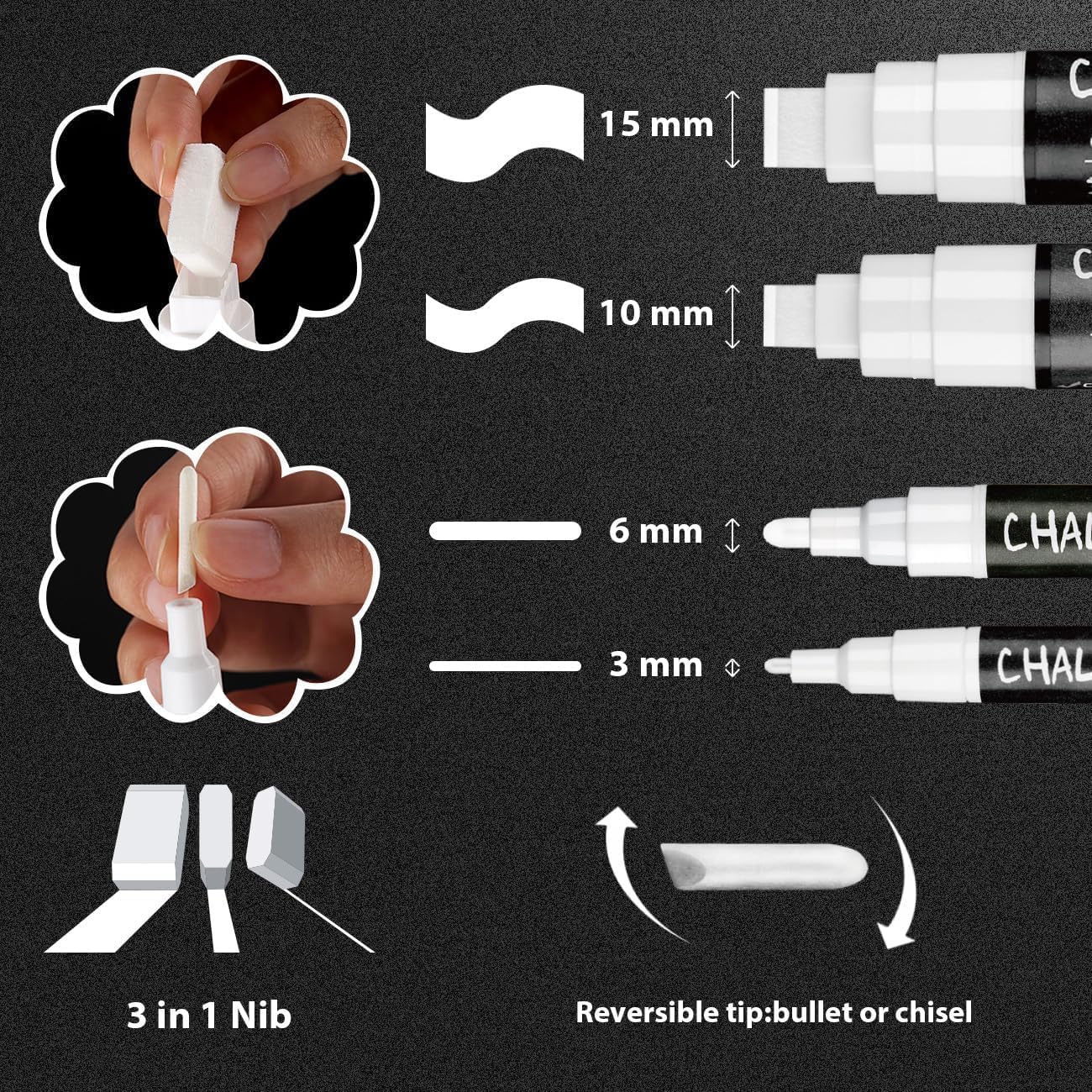 GAINWELL White Liquid Chalk Markers Erasable 4-Pack, Reversible Tip (3mm/6mm/10mm/15mm), Erasable Chalk Pens for Blackboard, Window, Glass, Chalkboard, Bistro, Loved by Teachers, Artists, Businesses