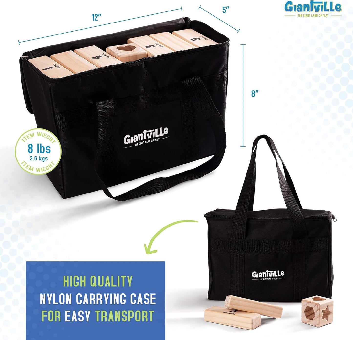 Giantville Giant Tumbling Timber Toy - Premium Pine Wood Life-Size Blocks Tower - Big Floor/Board Indoor/Outdoor Yard Game for Kids & Adults - 54-Pieces + Dice + Carry Bag - Grows to Almost 3-Feet