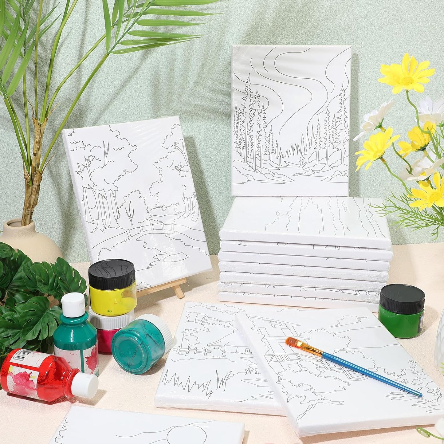 Zhanmai 12 Pack Pre Drawn Canvas for Painting Sip and Paint Kit 8" x 10" Paint Party Set Canvas Painting Pre Printed Canvases for Party Favor DIY Virtual Adult's Date Night(Natural Scenery)