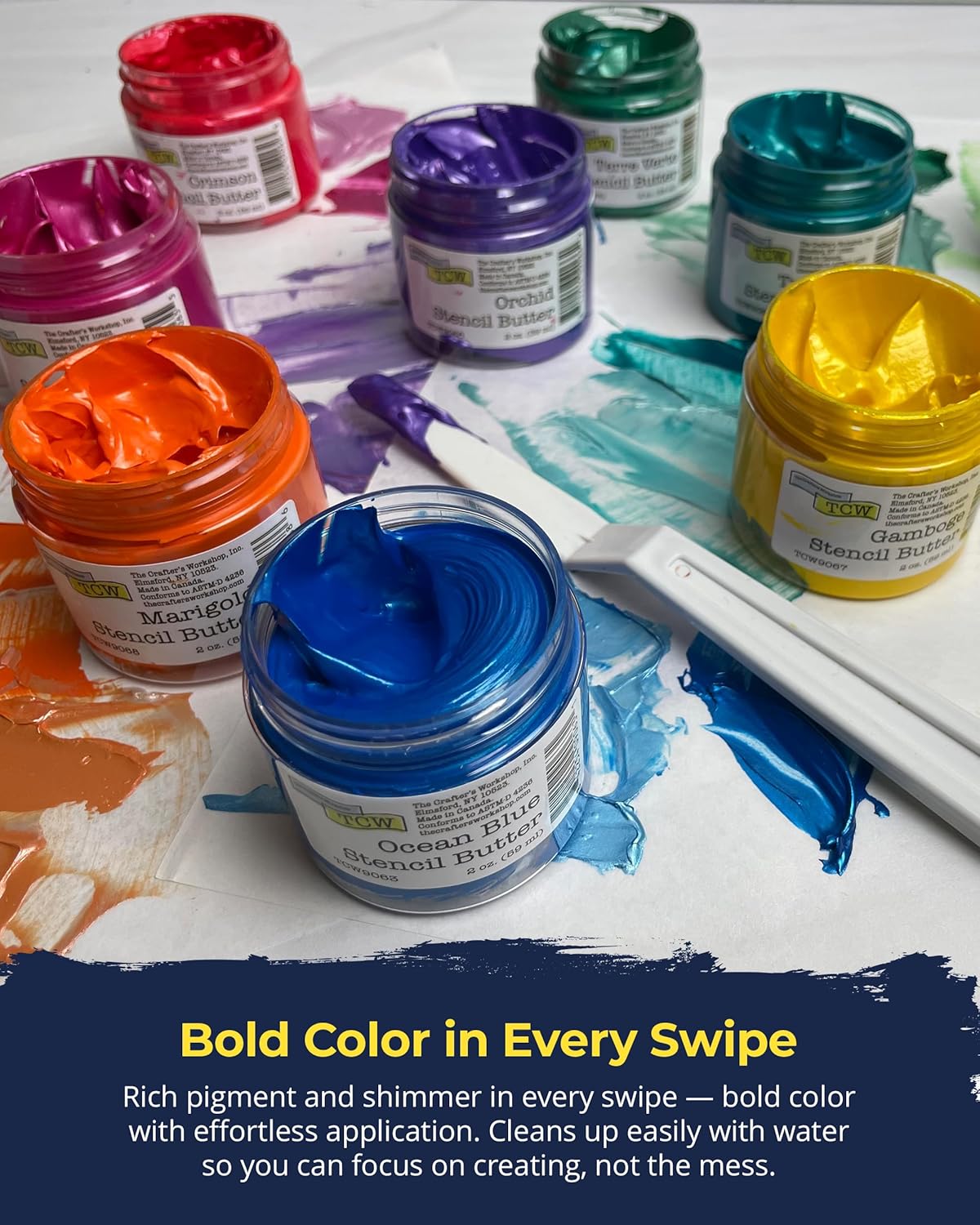 The Crafter's Workshop Stencil Butter Medium, Easy-to-Spread, Adds Shimmer, Shine and Colorful Texture, Cleans Up with Water, 4 pk, 2-oz each, Blueberry Meadow