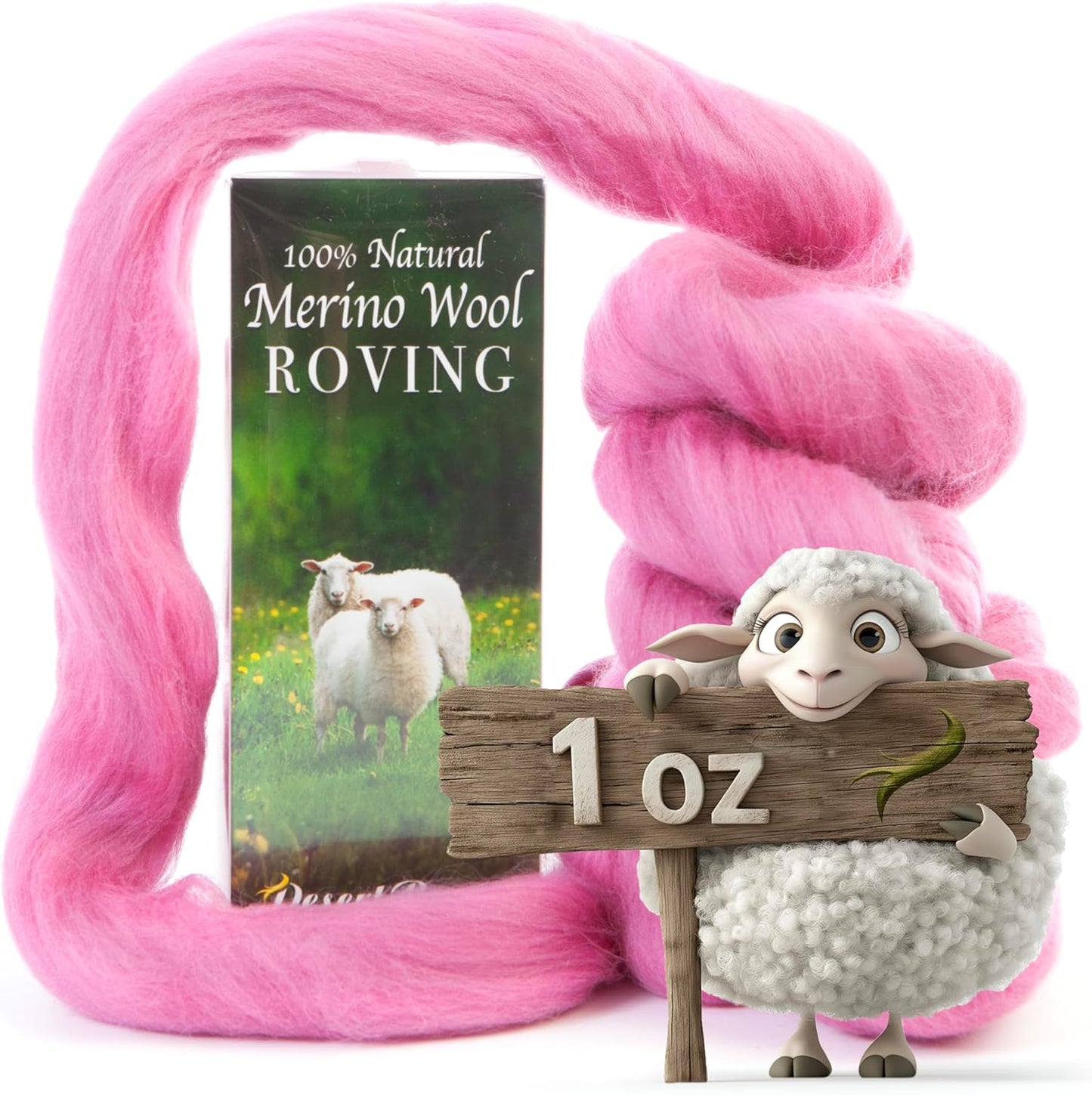 Desert Breeze Distributing 100% Natural Merino Wool Roving - Premium Combed Top Merino Roving Wool - Tapestry, Spinning, Wet Felting & Needle Felting Supplies - 21.5 Micron - 1 oz, Color Fuschia Pink