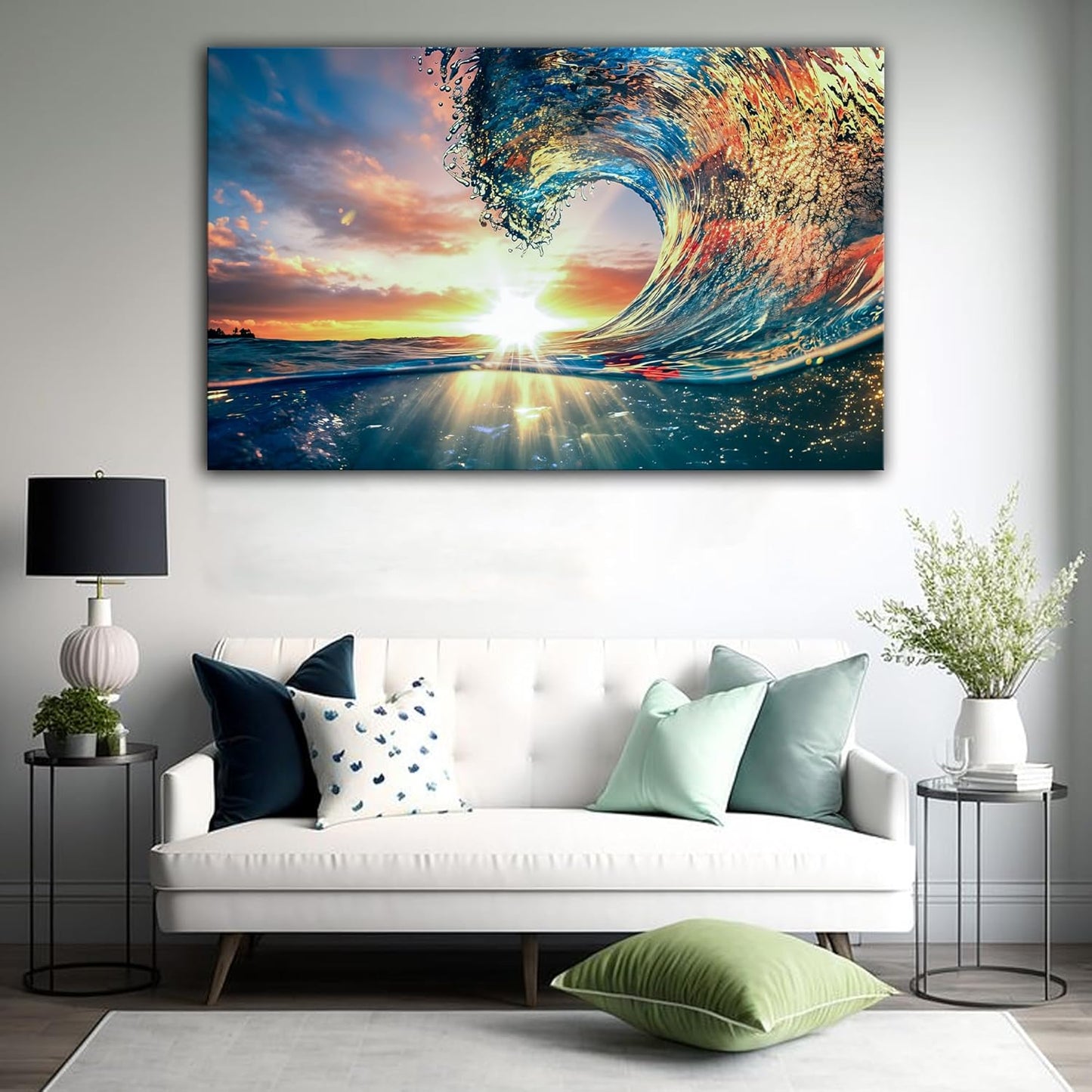 SpiritualHands Shining Sun and Waves Printed Tempered Glass Wall Art Painting for Living Room, Tempered Glass Modern Prints Decor, Large Vivid Color Panel for Bedroom, Kitchen, or Office