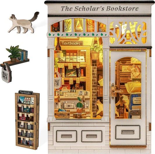 Fsolis Book Nook Kit - DIY Miniature Dollhouse Kit 3D Puzzles for Adults Tiny House Mini Booknook Craft Bookshelf Decor, 168 Wooden Pieces, Gifts for Women Book Lovers(The Scholar's Bookstore)
