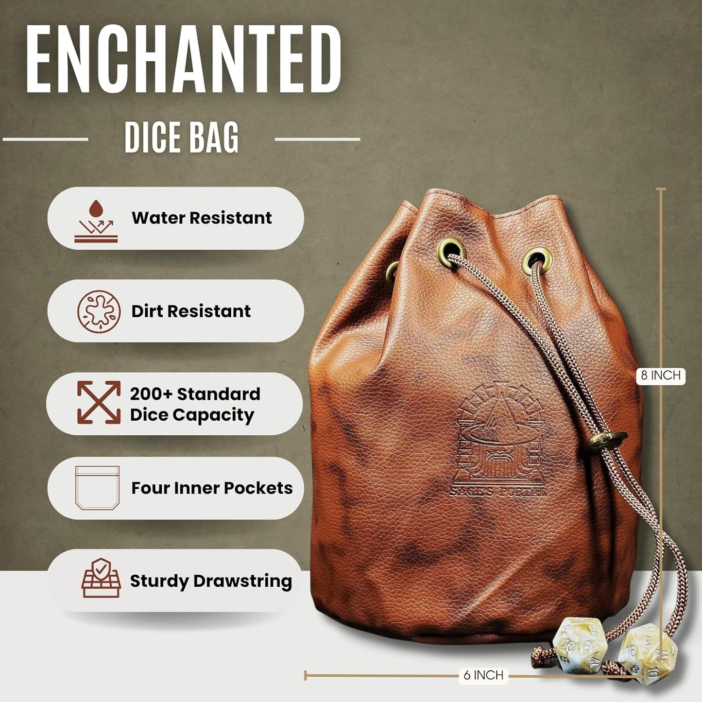 Sage's Portal Dice Bag, DND Dice Pouch, Drawstring Dice Bag Spotted PU Leather, Perfect for Dice, Accesories, Cosmetics, Jewelry