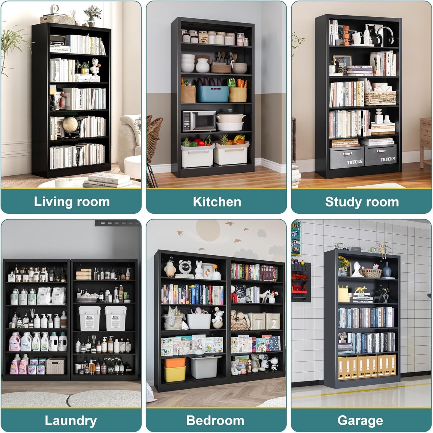 66"Heavy-Duty Steel Open Storage Cabinet with Adjustable Shelves, 6-Tier Shelving Unit, Easy Assembly Freestanding Organizer for Garage, Pantry,Office, Living Room (Black, 5 Tier-66"Hx 33"W x14"D)