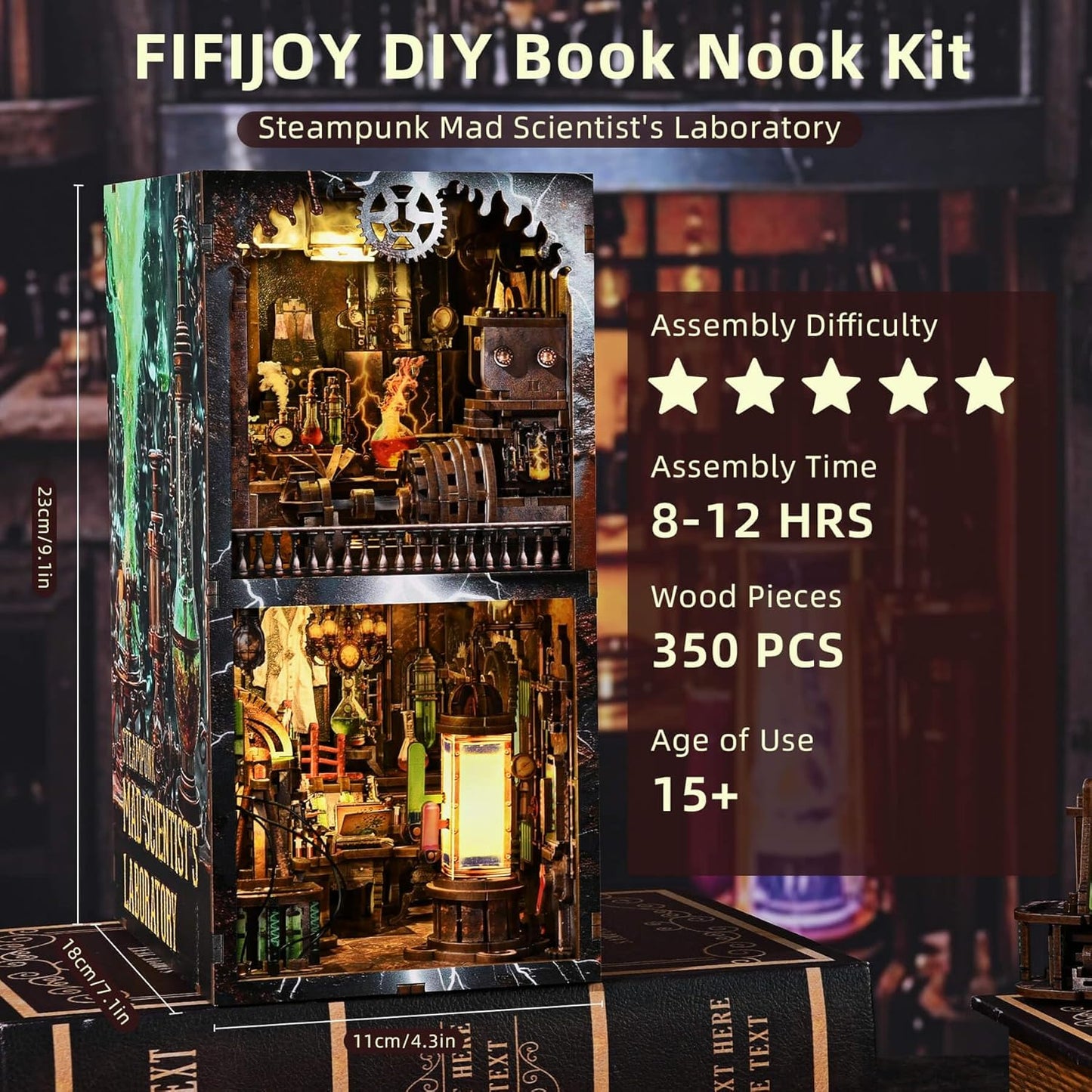 Book Nook Kit - DIY Miniature House Dollhouse Kit for Adults and Teens, Steampunk Booknook Tiny House Bookshelf Decor 3D Wooden Puzzle (Mad Scientist Lab)