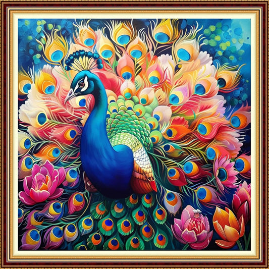 Funchey Stamped Cross Stitch Kits, DIY Cross Stitch Pattern for Adults Beginners Needlepoint Kits Embroidery Kit Arts and Crafts 11CT-Colorful Peacock Flower 18x18 inchs