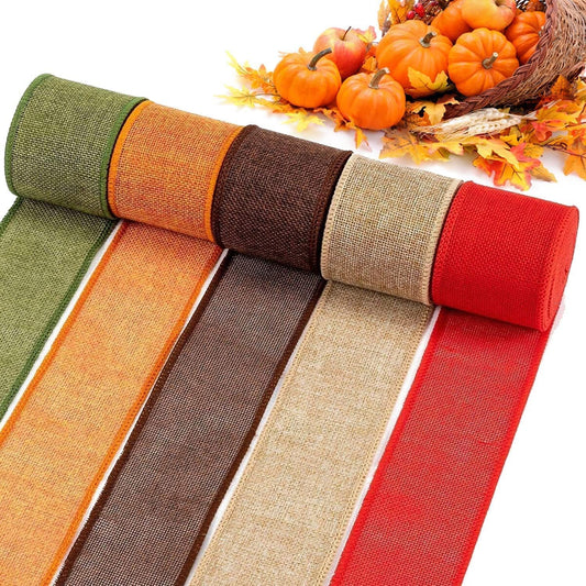 5 Colors Wreaths Burlap Ribbon - Total 27.3yards Fall Wired Edge Ribbon for Gifts Wrapping Bows Rustic Crafts Supplies Weddings Holiday Christmas Xmas Decorations (2.4in Wide)