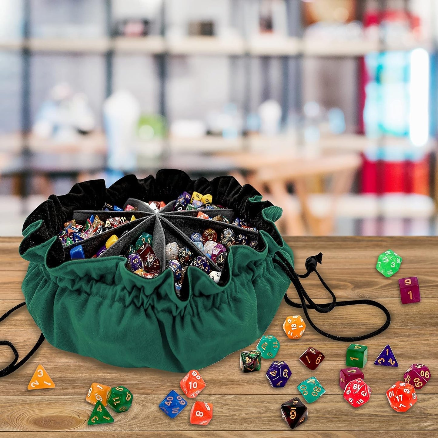 SIQUK Large Dice Bag with Pockets Big Capacity Dice Bag Drawstring Dice Pouch DND Dice Storage Bag for RPG MTG Table Games, Hold over 300 Dice, Dark Green