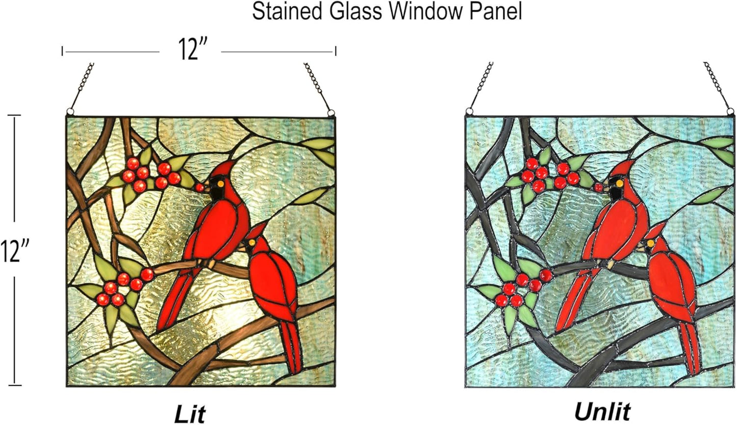 PA0008 Cardinal Stained Glass Window Panel- Tiffany Style Window Hanging- Red Bird Ornaments -12" Wx12 H Suncatcher- Wall Decorations for Home Office