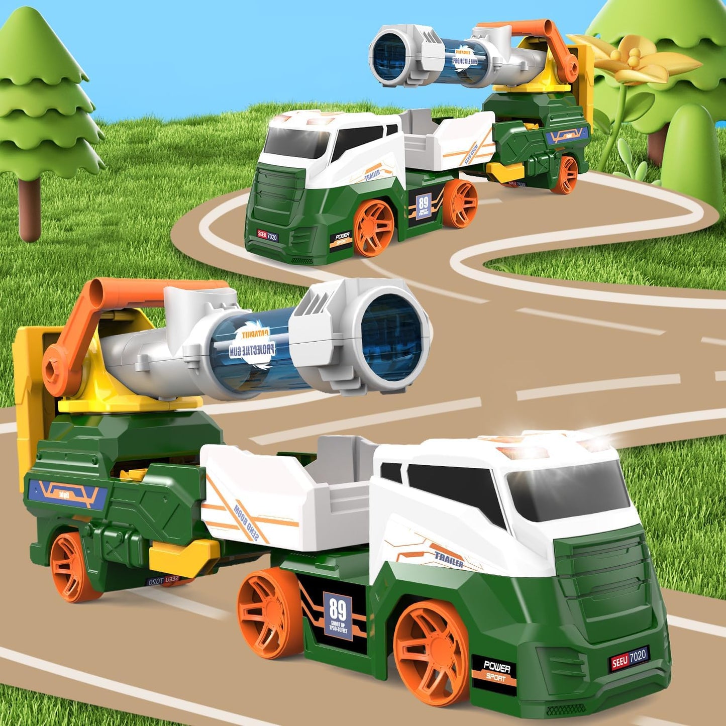 Dwi Dowellin Truck Toys for Kids, 28" Large Car Toys Include 4 Racing Cars+6 Ball, with Light & Sounds, Eejection&Shooting Transport Cars Toy, Gifts for Boys Girls-Green
