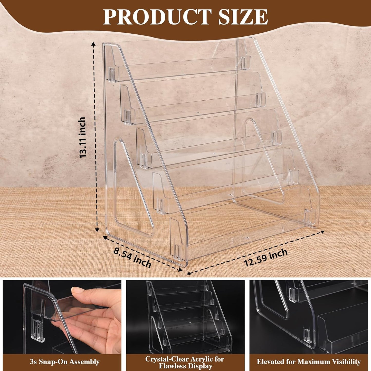 Elevated 5 Tier Clear Acrylic Card Display Stand for Trading Cards, Sports Cards, Greeting Cards, Stickers – Slanted Holder for PSA Slabs, Vendors, Collectors & Retail (5 Tier 1 Pack)