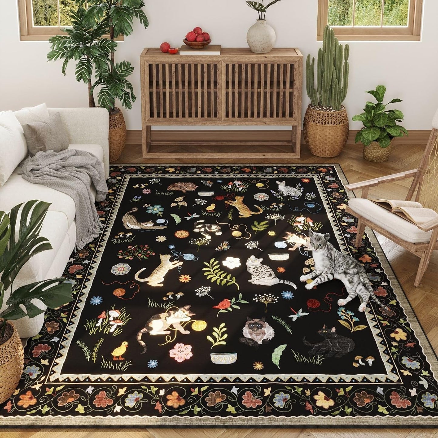 Rugcomf Area Rugs 8x10 Rug for Living Room Clearance Washable Boho Area Rug Non Slip Floral Animal Cat Vintage Low Pile Large Rug for Living Room Bedroom Farmhouse Dining Room Kids Playroom, Black