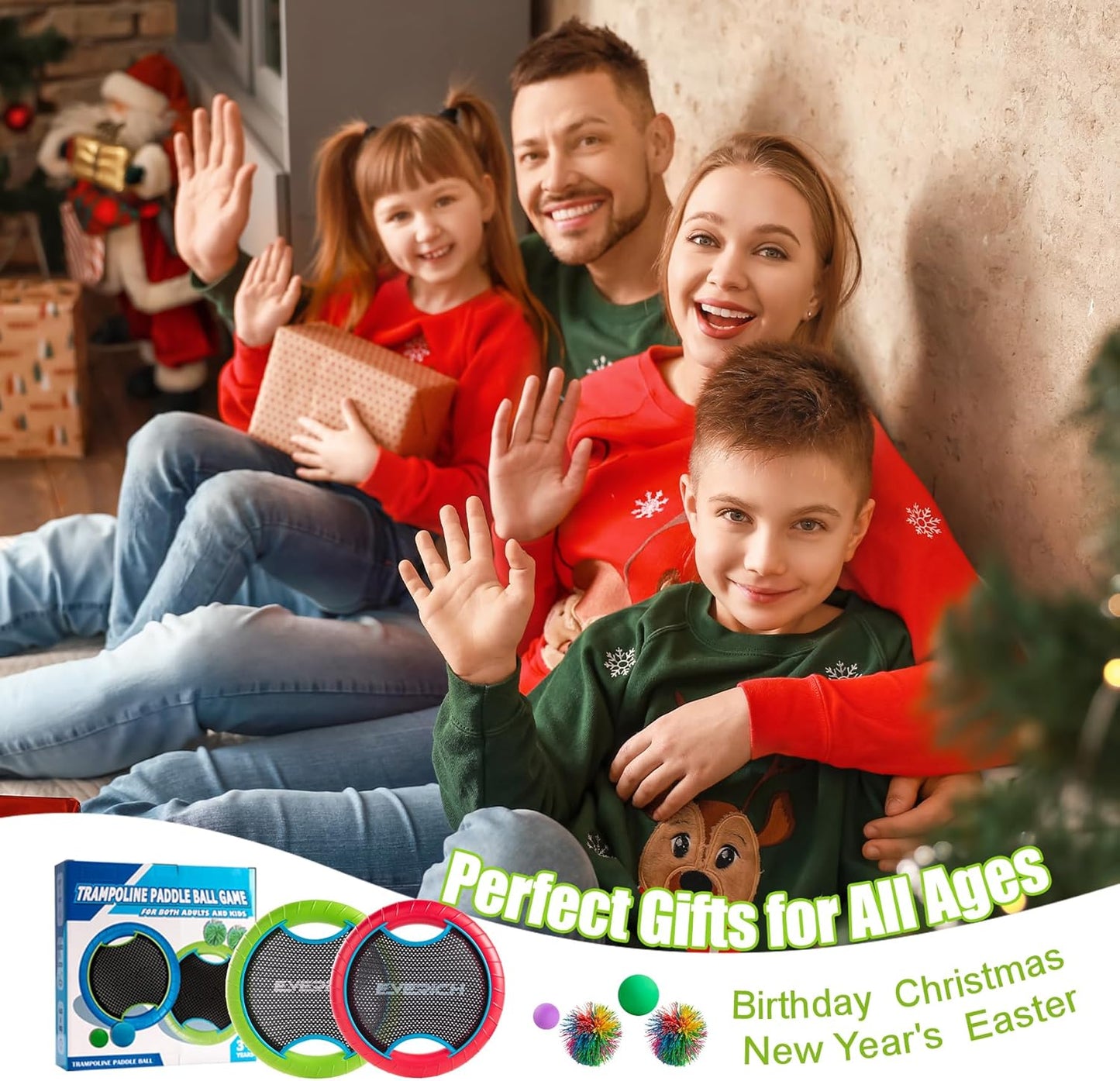 EVERICH TOY Trampoline Paddle Ball Set with 2 Bouncy Paddles & 4 Balls - Soft Foam Design for Kids Play Indoor Outdoor Beach Backyard Lawn - Great Gift Idea for Boys & Girls (Green & Red)