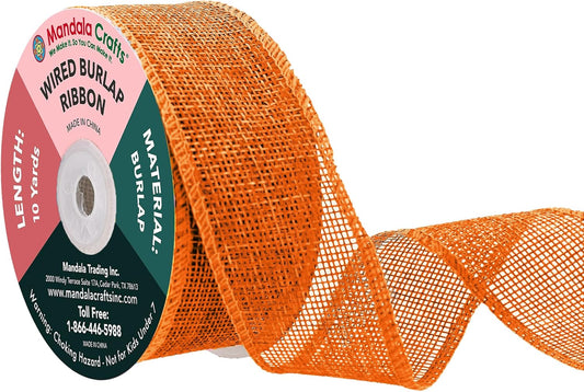 Mandala Crafts Orange Burlap Wired Ribbon 1.5 Inches Wide Jute Ribbons for Crafts - 10 Yds Roll Rustic Burlap Wrap Trim Ribbons for Wreaths Bows Party Decoration