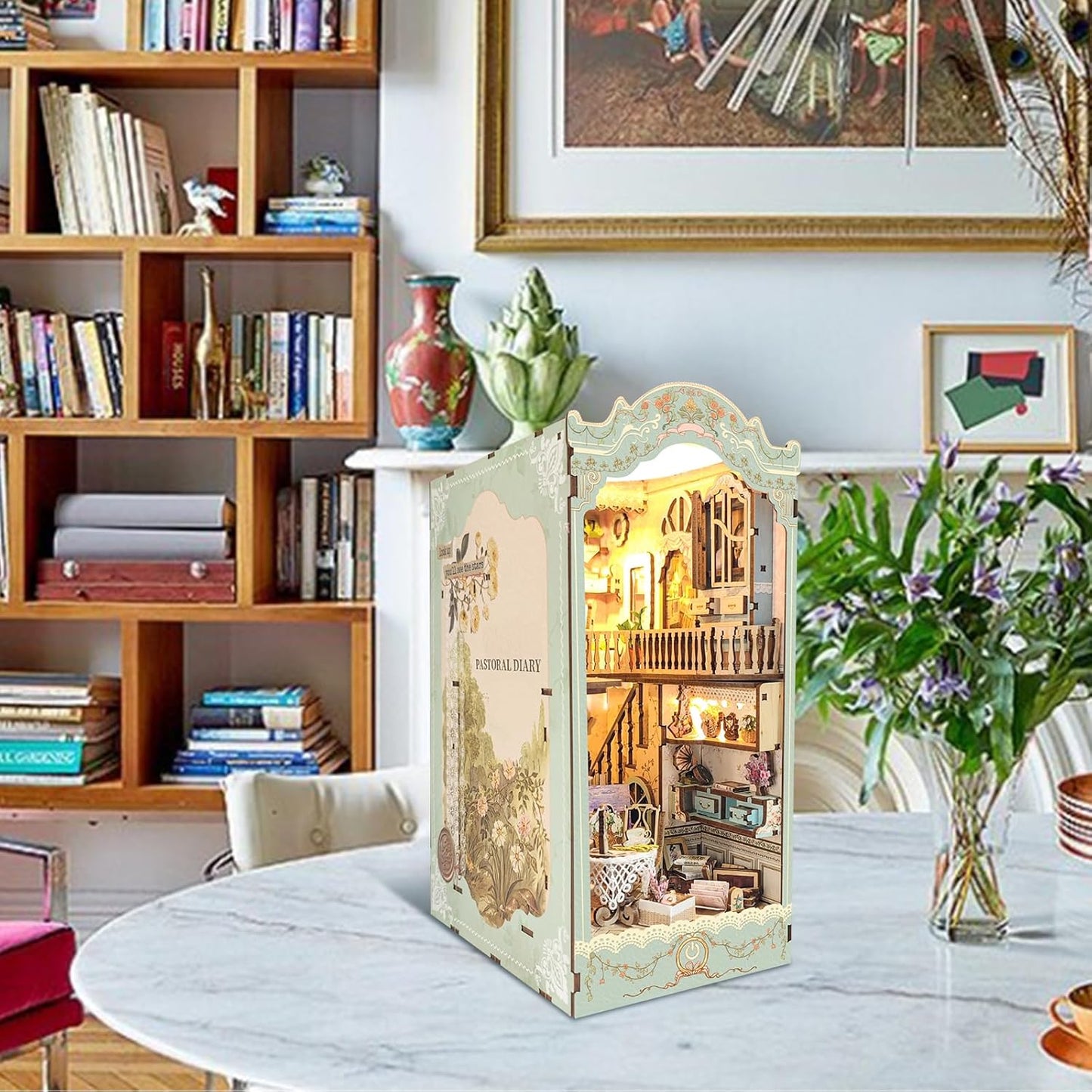 DIY Book Nook Kit,Dollhouse Booknook Bookshelf Insert Decor,3D Wooden Puzzles with LED Dust Cover,Book Nook Miniature Kit,Birthday Halloween Home Decor for Teens Adult-Countryside Diary