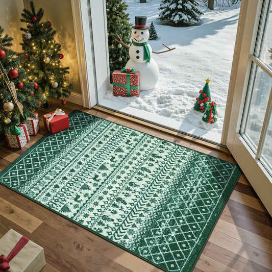 2025 Christmas Rugs for Entryway, 2x3 Washable Door Mat Indoor Entrance, Low Pile Soft Non Slip Green Kitchen Rug, Xmas Holiday Decor Floor Carpet for Bedroom Bathroom Laundry Bedside Sink