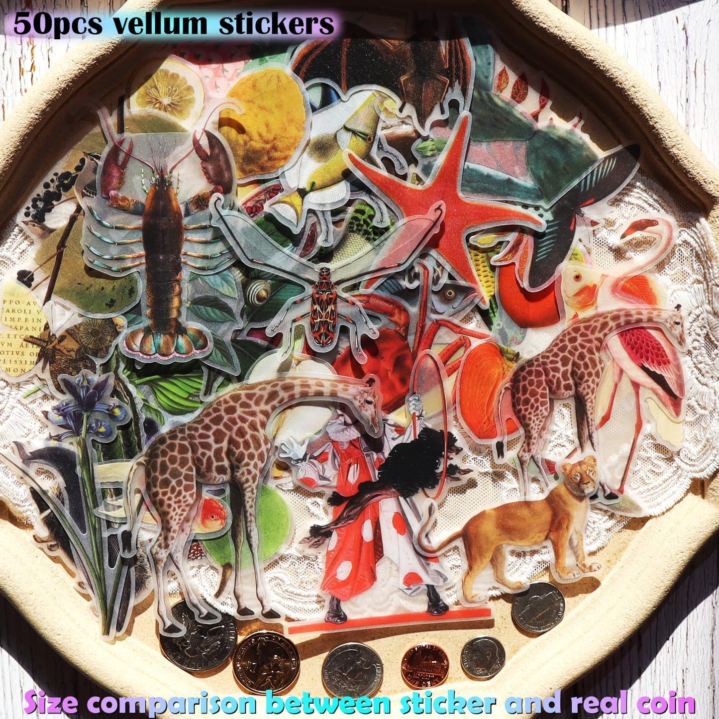 Vintage Vellum Stickers Floral Plants Elements Scrapbooking Supplies Flowers Botanic Natural Translucent Paper Self-Adhesive Junk-Journal Items (Animal World)