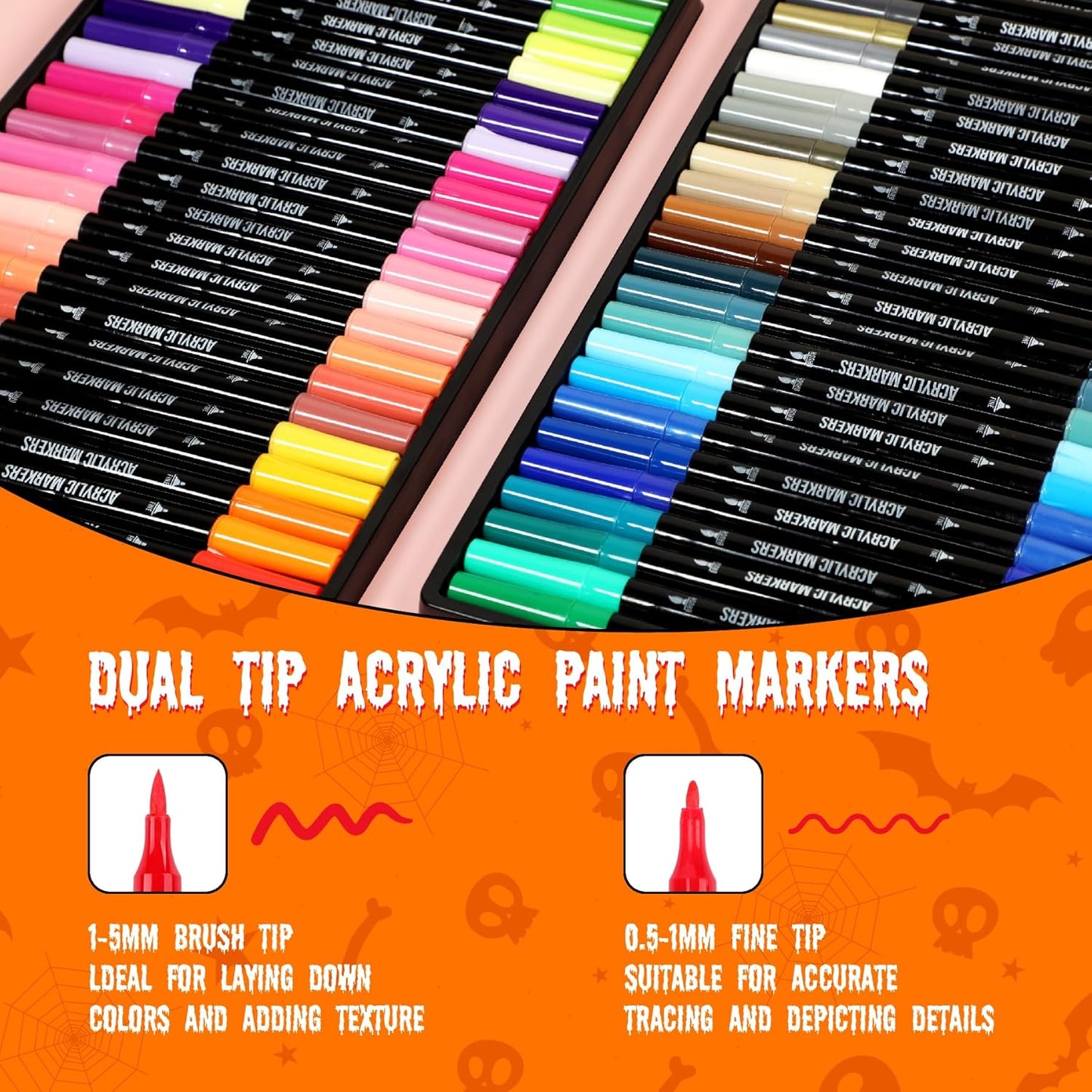 48 Colors Acrylic Paint Markers, Dual Tip with Fine Tip and Brush Tip Pens for Stone, Wood, Calligraphy, Canvas, Ceramic, Metal, Glass, Rock Painting, DIY Crafts