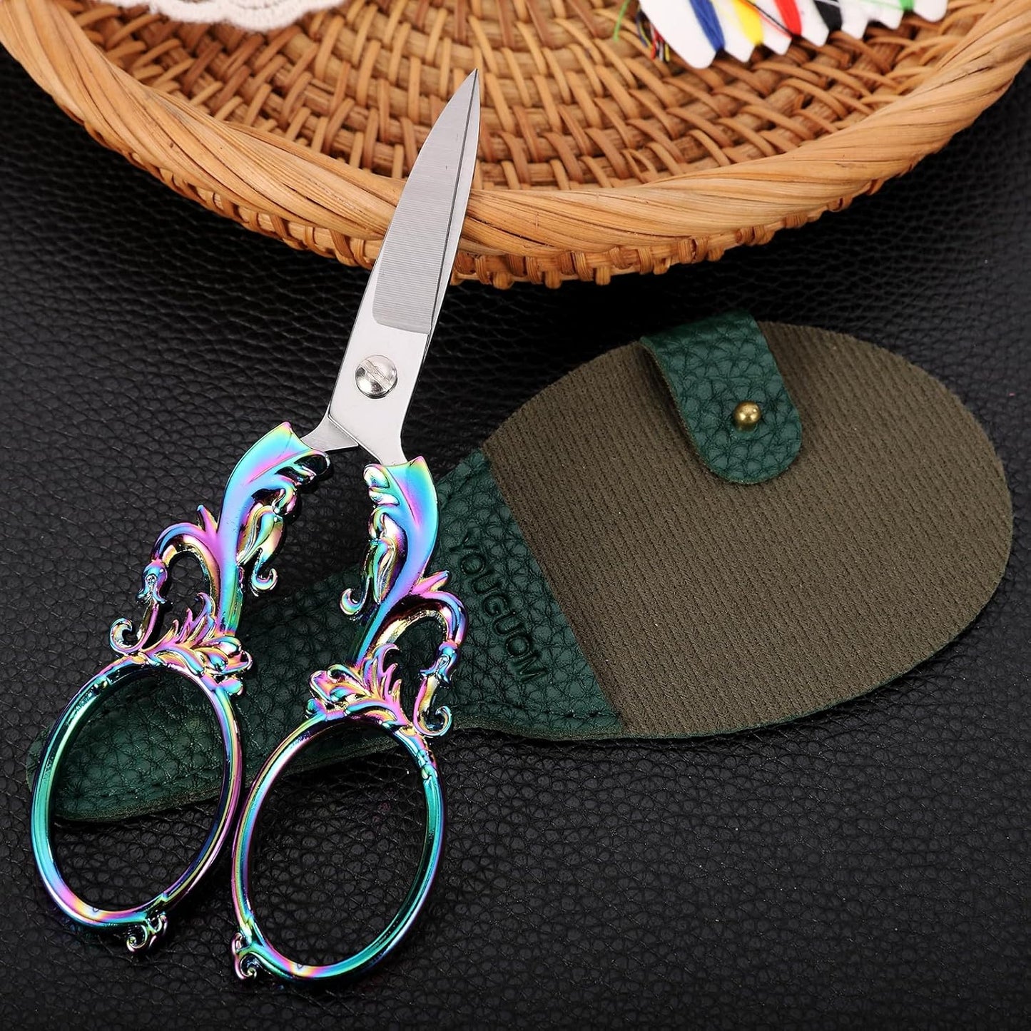 Crafting Scissors, 5.3in Sharp Multipurpose Fabric Scissors with Sheath, Arts Sewing Quilting Office Home School Paper Cutting Shears, Rainbow Large Handles