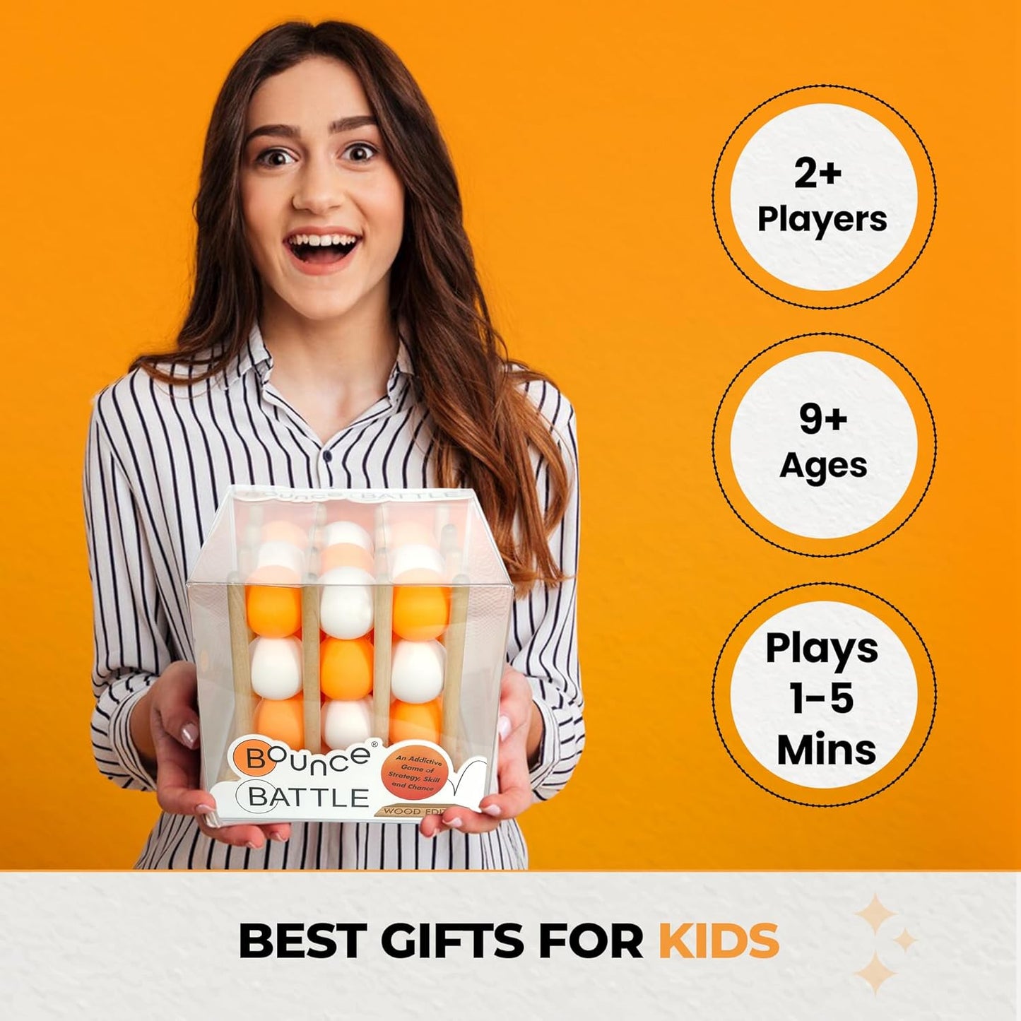 Bounce Battle™ Wood Edition – Family & Party Game for Kids, Teens & Adults – Fast-Paced Skill and Strategy Tabletop Game – Includes 27 Balls & Wooden Cube – Game of The Year Award Winner