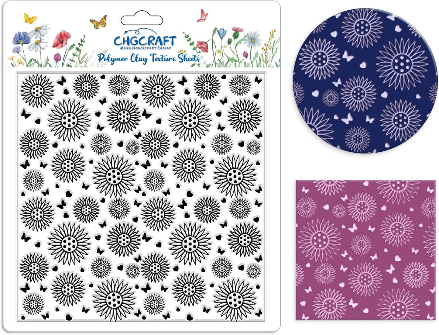 CHGCRAFT Sunflowers Polymer Clay Texture Sheets Butterfly Silicone Texture Stamp Love Heart Clay Texture Mat Modeling Pattern Pad Texture Sheets for Jewelry and Clay Earrings Tools, 5.5x5.5 inch