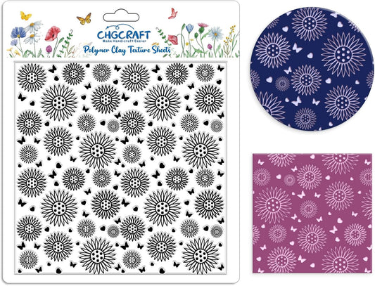 CHGCRAFT Sunflowers Polymer Clay Texture Sheets Butterfly Silicone Texture Stamp Love Heart Clay Texture Mat Modeling Pattern Pad Texture Sheets for Jewelry and Clay Earrings Tools, 5.5x5.5 inch