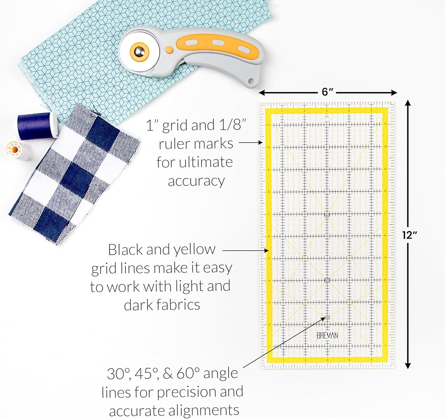 Breman Precision Quilting Rulers – 6x12 Inch Clear Acrylic Rulers for Quilting and Sewing – Laser-Cut Edge, Easy-Read Grid Lines, Angled Markers – Fabric Guide for Left & Right-Handed Users