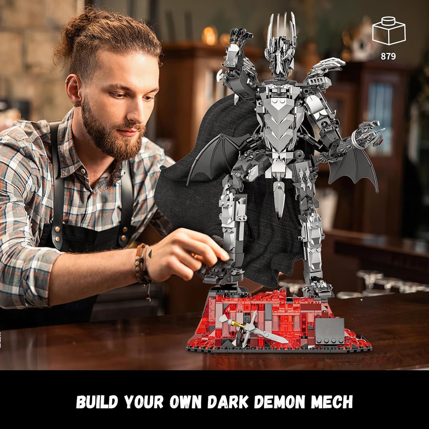 Dark Lord Building Set with Light Magma Base, Creative Demon Mech Display Model, Compatible with Lego Adults, STEM Christmas Birthday Gift Toy for Kids Boys 8-14 (879 PCS)