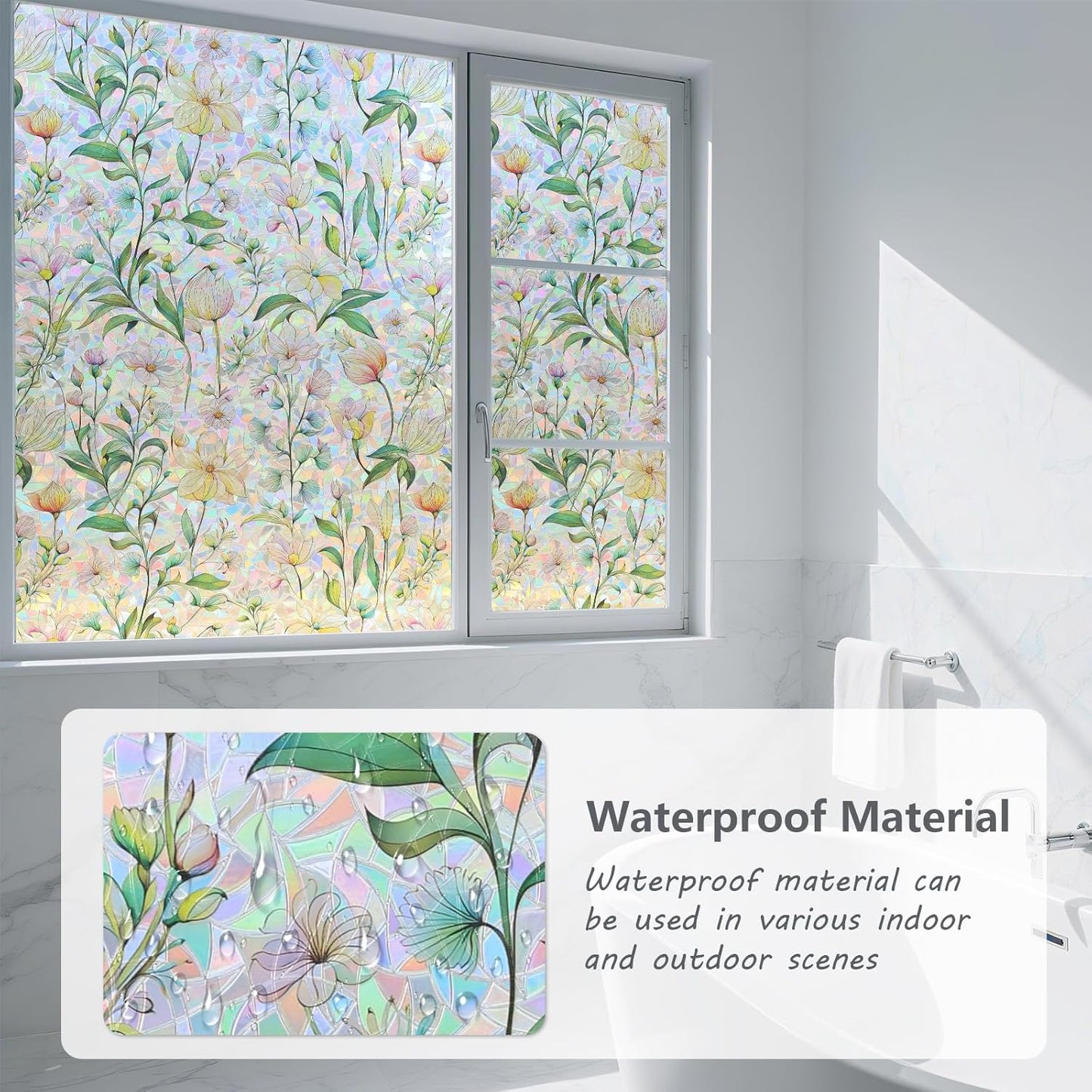 FINNEZ Window Privacy Film Stain Glass Film Flowers Rainbow Window Film Window Clings Non-Adhesive Reusable Decorative for Home（Forest Rainbow，45.2 Inch x 6.5 Feet）