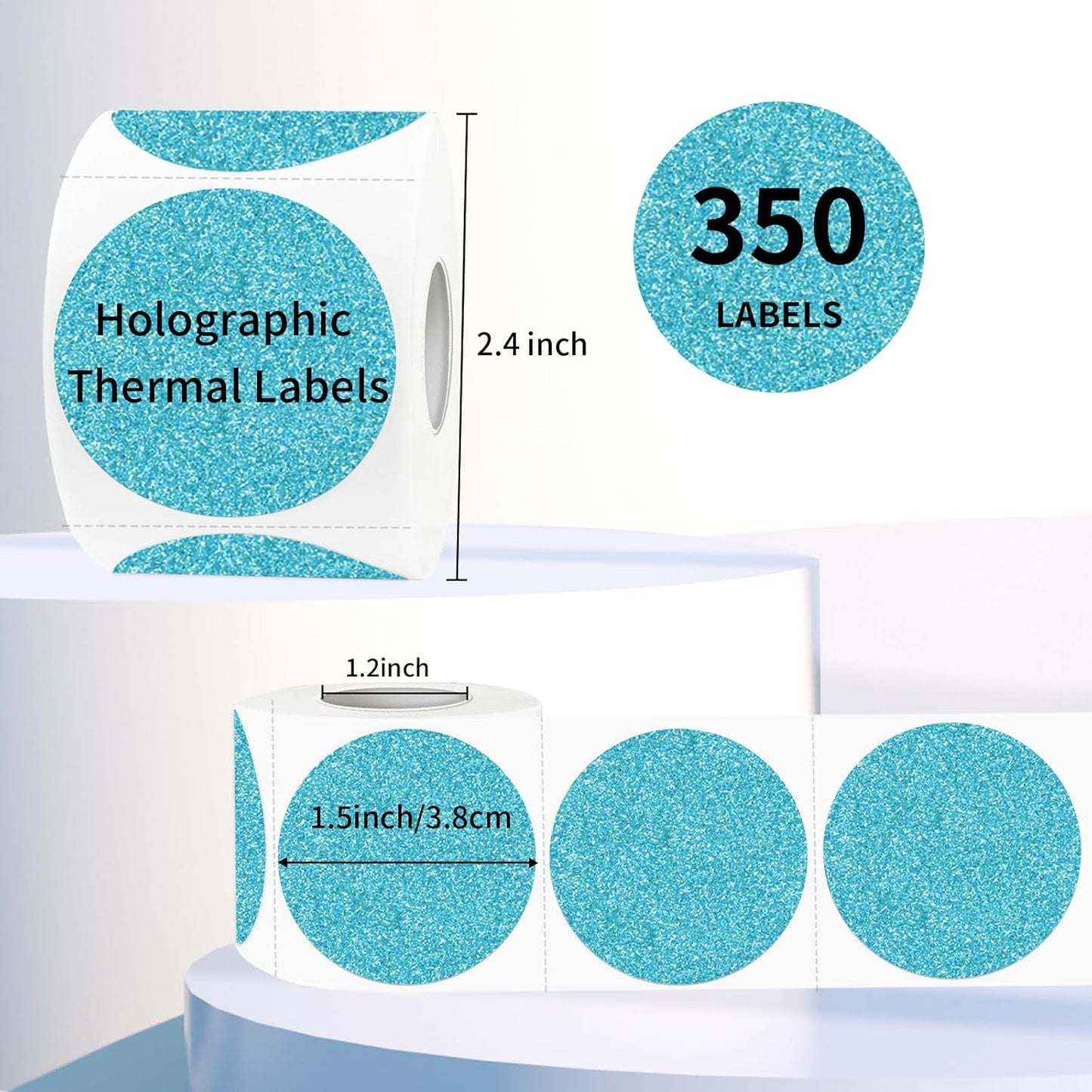 1.5" Holographic Direct Thermal Label Stickers, Round Printable Rainbow Glitter Thermal Printer Sticker Labels for Gift Wrapping, Self-Adhesive DIY Custom Logo Design- Glitter Blue