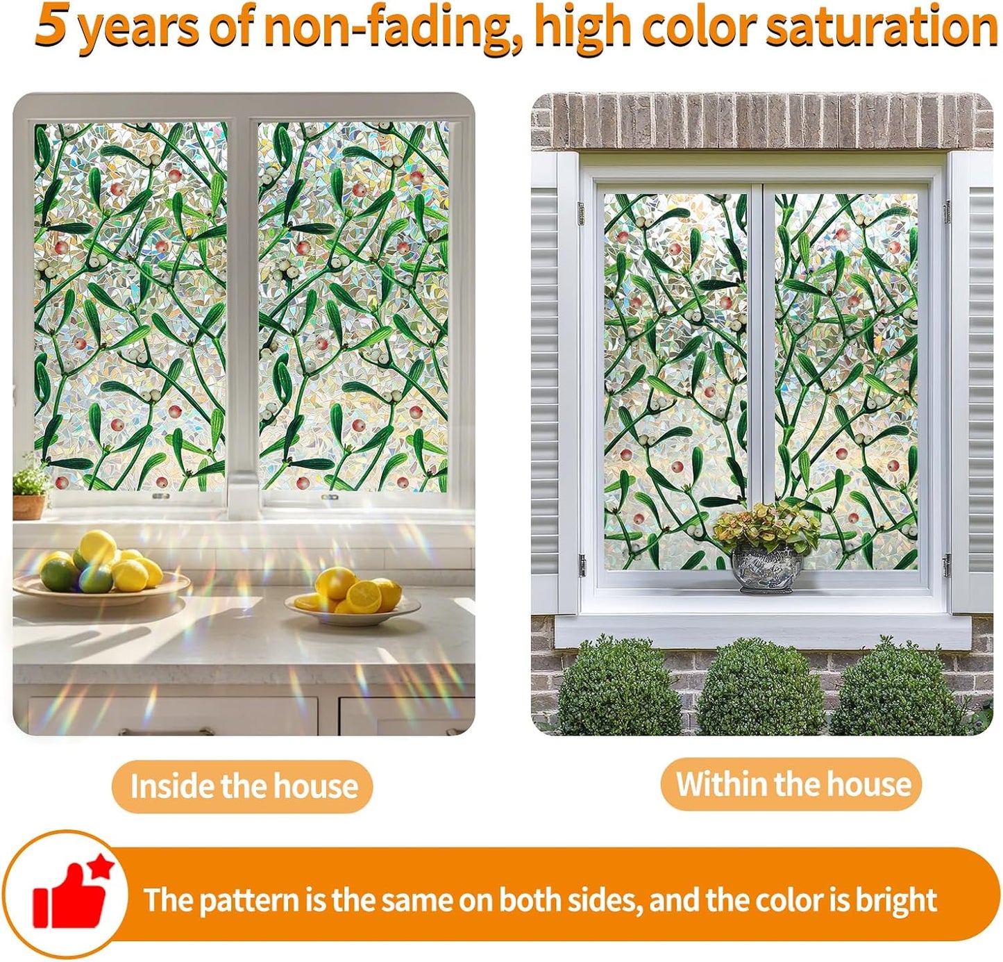 Window Privacy Film Stain Glass Window Film Rainbow Window Film Window clings Non-Adhesive Reusable Decorative for Room (Mistletoe Rainbow, 23.6 x 78.7 in)